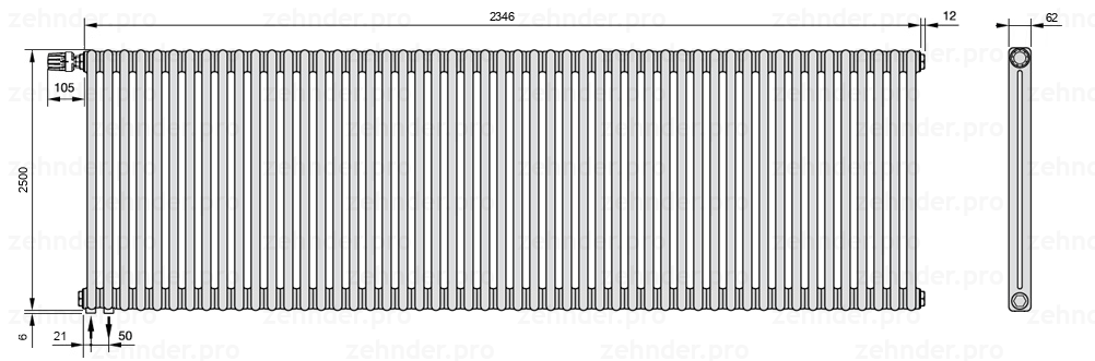 Схема (чертеж) Радиатор Zehnder Charleston 2250/51 №V001 Белый глянцевый RAL 9016